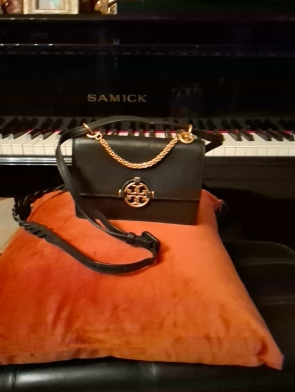 Tory Burch Miller Black Leather Crossbody with Gold Logo Chain
